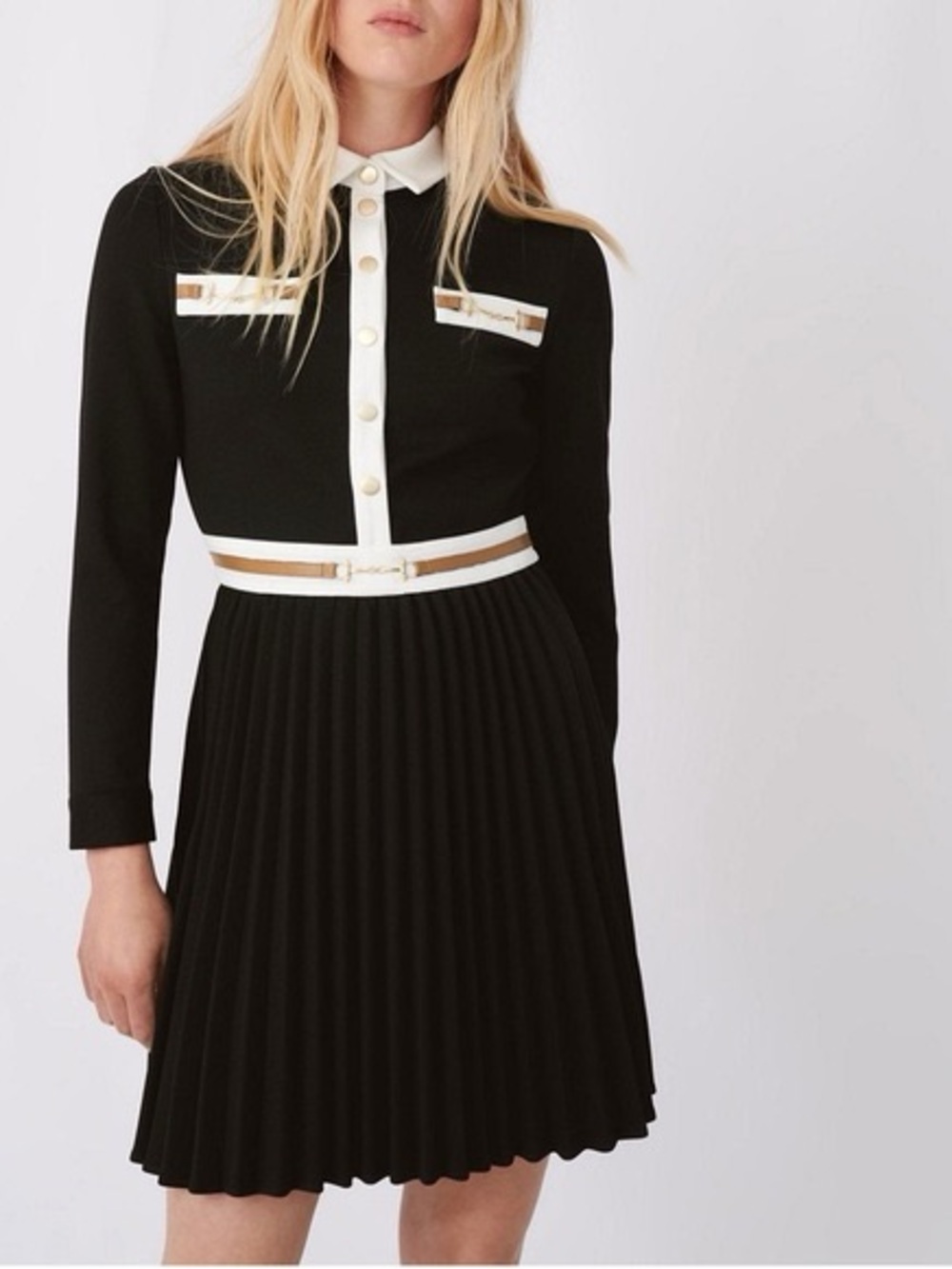 MAJE Roulia Black & White Faux Leather Embellished Pleated Shirt Dress